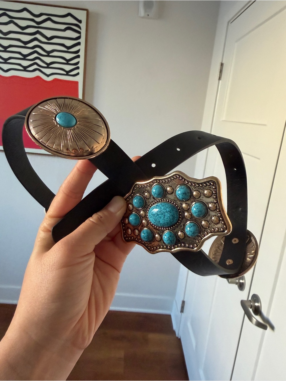 NWOT Black Leather Belt with Turquoise Concho Accents